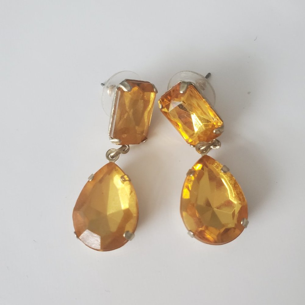 Y2K Gold Faux Jewel Teardrop Dangling Earrings Multi-faceted Stones Silvertone